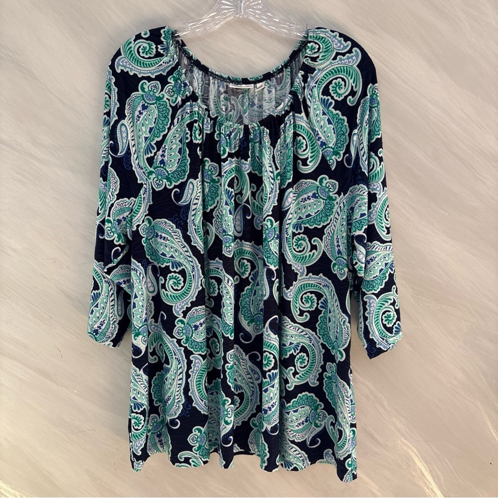 Croft & Borrow 2X Blue/Green/White Paisley Elastic Round Neck 3/4 Sleeve Blouse